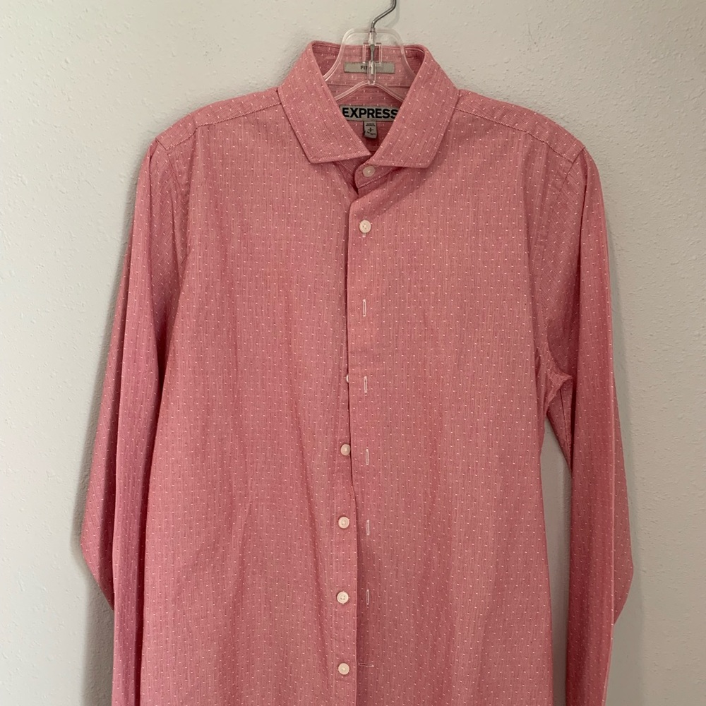 Men’s Red with white dots‎ Express Long Sleeve Button Down Fitted Size S (3M)